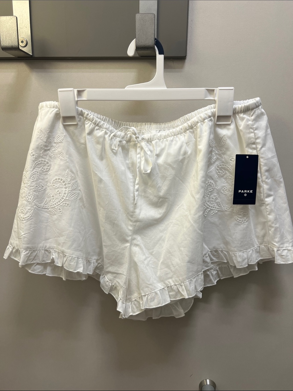 Parke Target Collab White Embroidered Ruffle Shorts